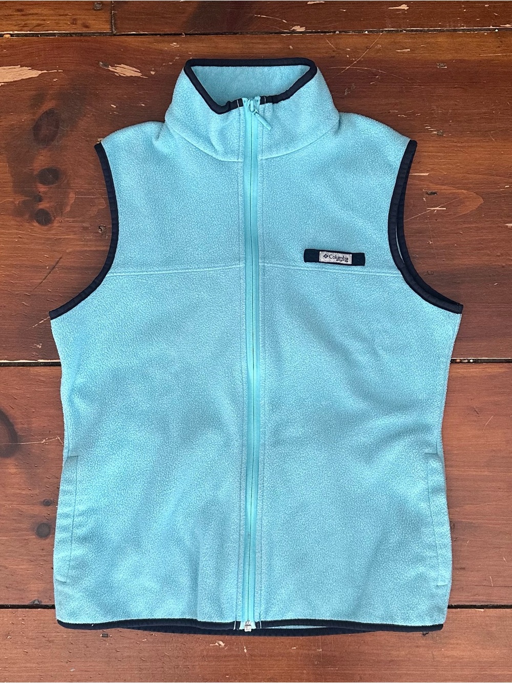 Columbia Teal Blue Fleece Zip Vest with Navy Trim